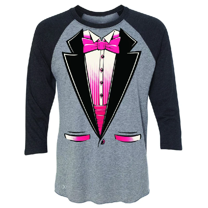 Zexpa Apparel™ Pink Smokin Tuxedo Cool 3/4 Sleevee Raglan Tee Halloween Costume Tee Nylon Fabric Polyester Fabric Spandex Fabric