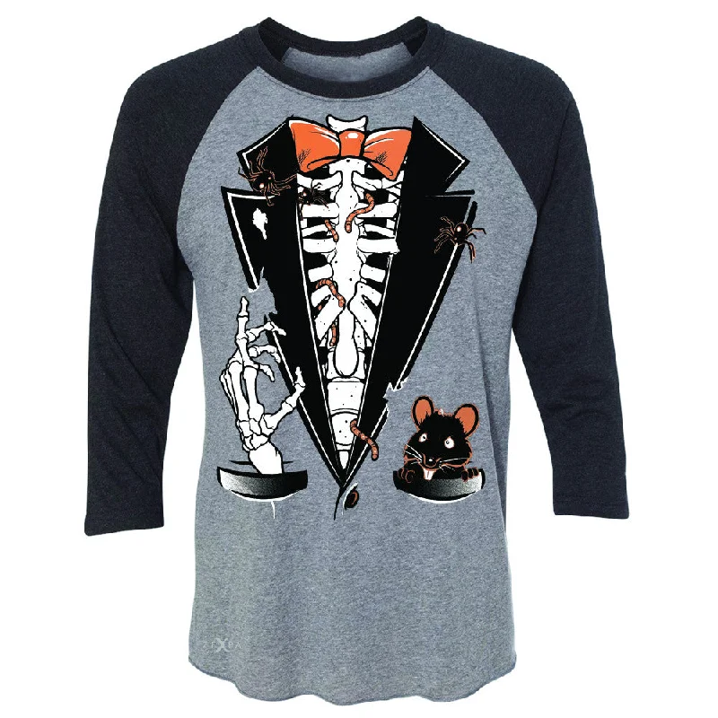 Zexpa Apparel™ Rib Cage Skeleton Tuxedo 3/4 Sleevee Raglan Tee Halloween Costume Tee Beaded Sequined Faux Fur