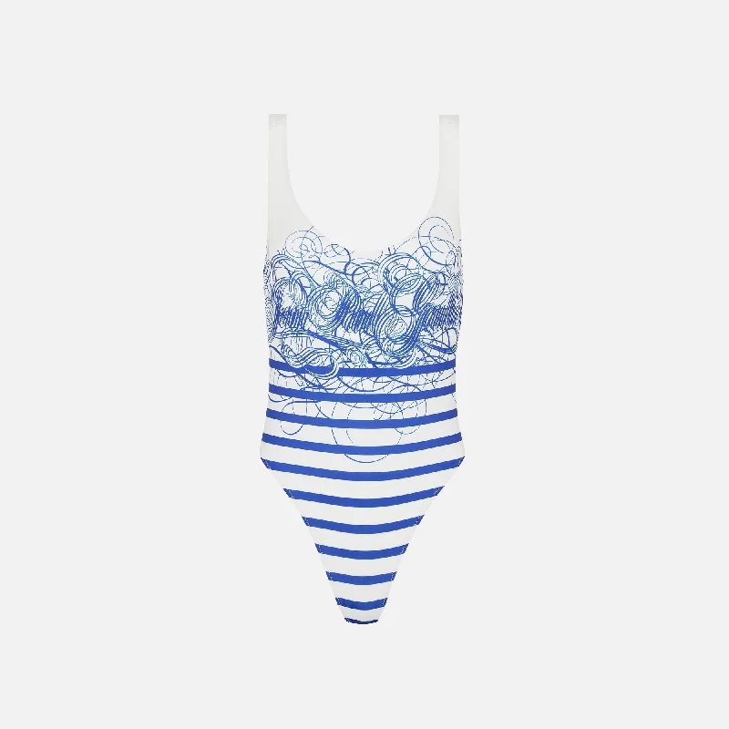 Jean Paul Gaultier Marinière Calligraphe Printed Jersey Swimsuit - White / Navy Classic Sporty Swimsuit Jean Paul Gaultier Marinière Calligraphe Printed Jersey Swimsuit - White / Navy Classic Sporty Swimsuit
