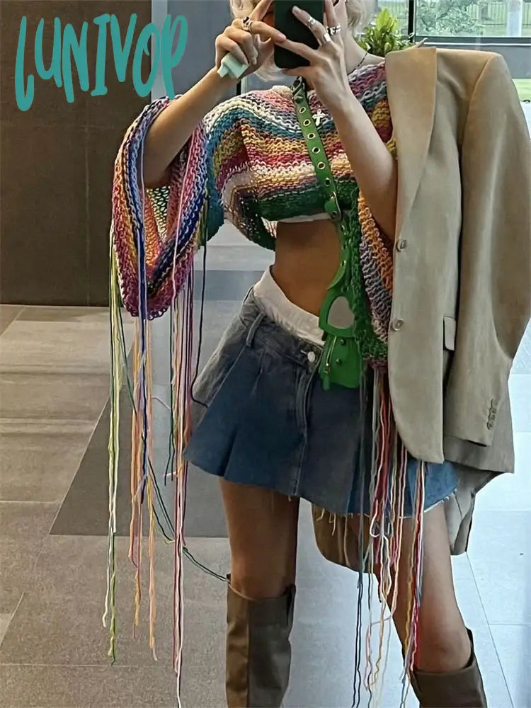 Lunivop Knitted Tassels Cover Ups For Swimwear Women Sexy Loose Rainbow Shirt Girls Sweater Holiday Fashion Crop Pullover Femme Strappy Back Bikini Lunivop Knitted Tassels Cover Ups For Swimwear Women Sexy Loose Rainbow Shirt Girls Sweater Holiday Fashion Crop Pullover Femme Strappy Back Bikini