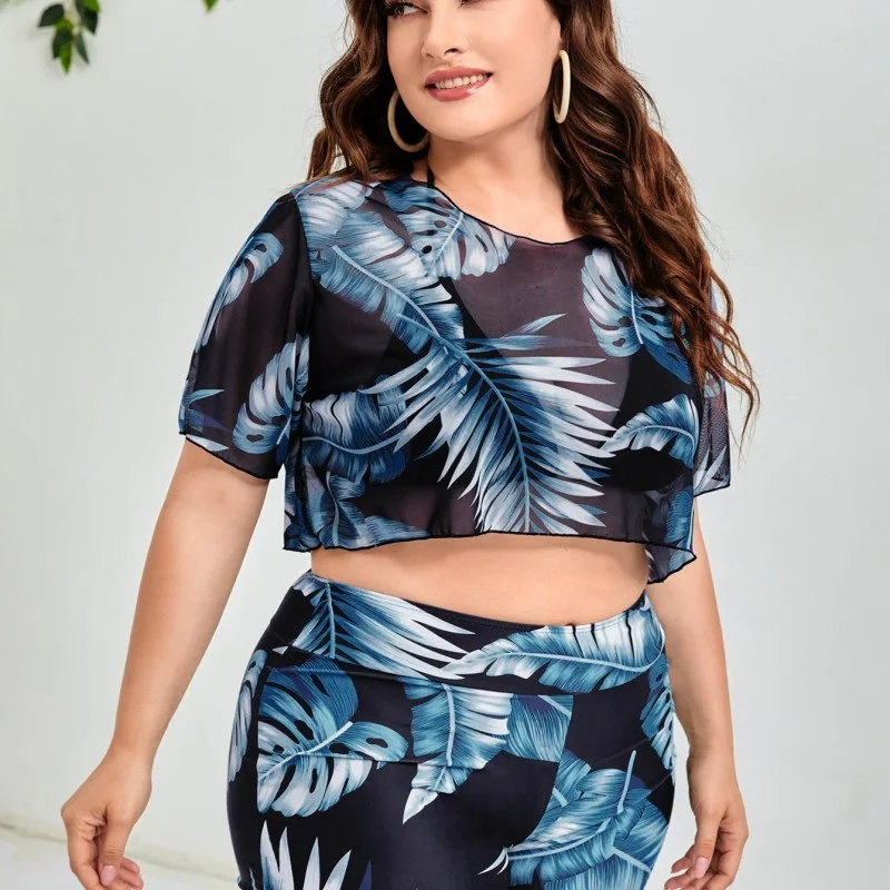 Plus Size Mesh Three-Piece Bikini Long-Sleeved Leaf Print Swimsuit Full Coverage Swimsuit Plus Size Mesh Three-Piece Bikini Long-Sleeved Leaf Print Swimsuit Full Coverage Swimsuit