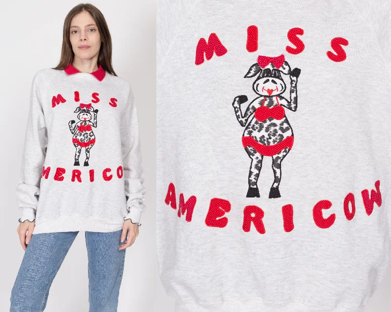 2X 90s "Miss Americow" Collared Cow Sweatshirt Hoodie with Double Zipper Versatile Adjustable