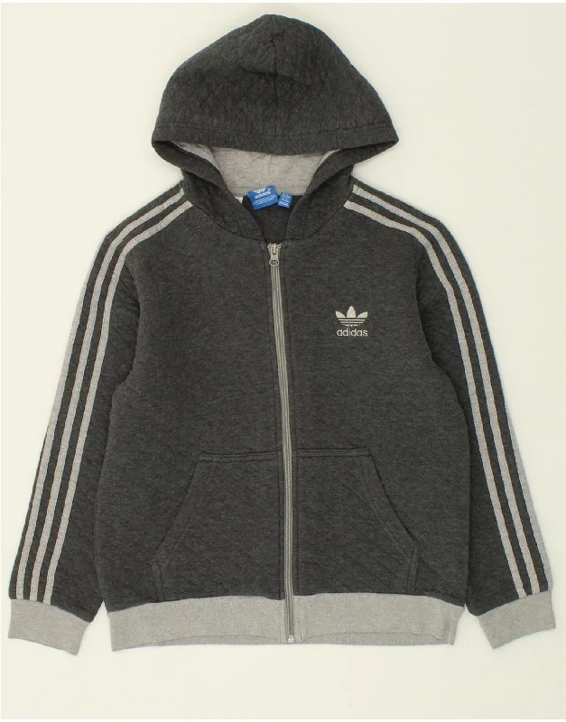 ADIDAS Boys Zip Hoodie Sweater 12-13 Years Grey Cotton Hoodie with Hem Fringe Bohemian Relaxed