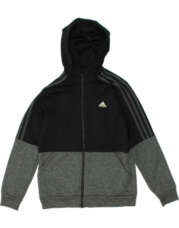 ADIDAS Boys Zip Hoodie Sweater 13-14 Years Black Colourblock Polyester Hoodie with Raw Hem Edgy Unfinished