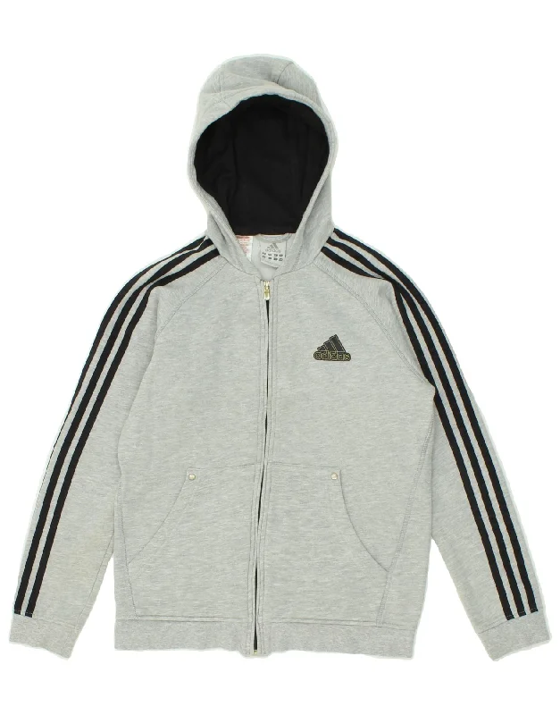 ADIDAS Boys Zip Hoodie Sweater 13-14 Years Grey Cotton Hoodie with Toggle Buttons Decorative Unique