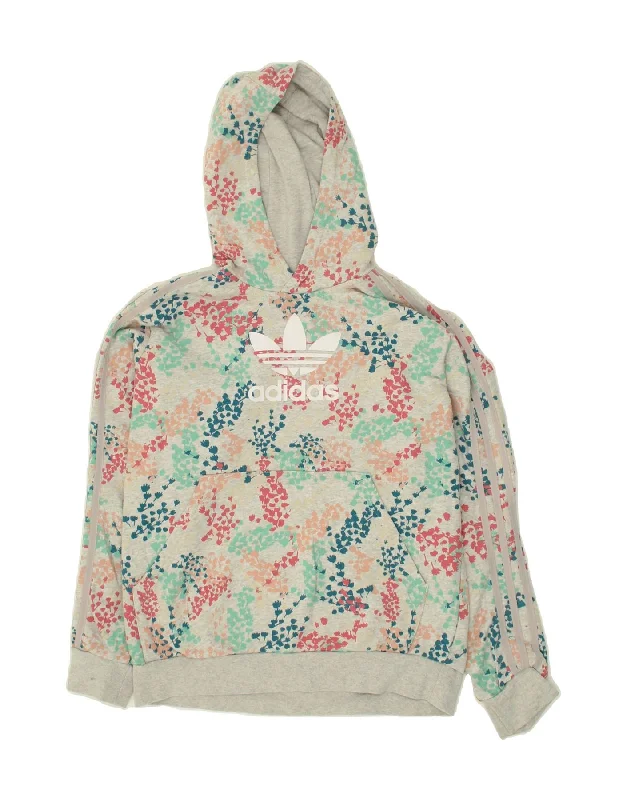 ADIDAS Girls Graphic Hoodie Jumper 13-14 Years Grey Floral Cotton Hoodie with Hem Ribbing Snug Secure