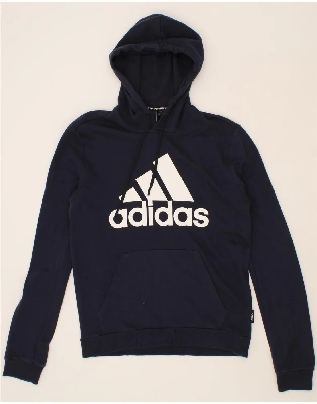 ADIDAS Mens Graphic Hoodie Jumper Medium Navy Blue Cotton Hoodie with Raw Hem Edgy Unfinished ADIDAS Mens Graphic Hoodie Jumper Medium Navy Blue Cotton Hoodie with Raw Hem Edgy Unfinished