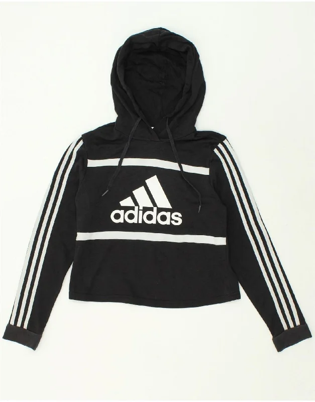 ADIDAS Womens Crop Graphic Hoodie Jumper UK 4/6 XS Black Cotton Hoodie with Half-Zip Sporty Casual