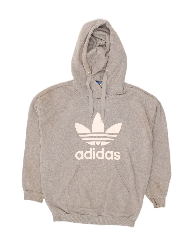 ADIDAS Womens Graphic Hoodie Jumper UK 14 Large Grey Cotton Hoodie with Frayed Bohemian Relaxed