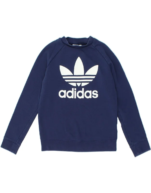 ADIDAS Womens Graphic Sweatshirt Jumper UK 10 Small Navy Blue Cotton Hoodie with Logo Branding Identity