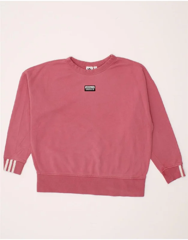 ADIDAS Womens Oversized Sweatshirt Jumper UK 14 Large Pink Cotton Hoodie with Embroidery Detailed Premium