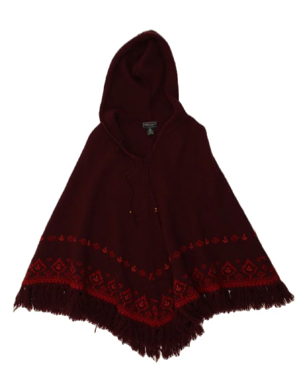 AMERICAN EAGLE Womens Hooded Poncho Jumper UK 12 Medium Burgundy Fair Isle Hoodie with Illustration Artistic Creative