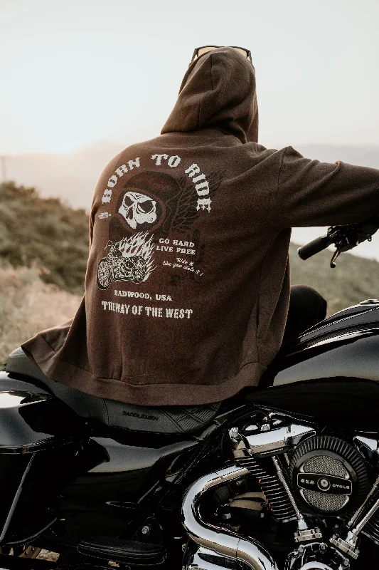 "BORN TO RIDE" Zip Up Hoodie in DIRT Hoodie with Elastic Cuffs Stretchable Comfortable