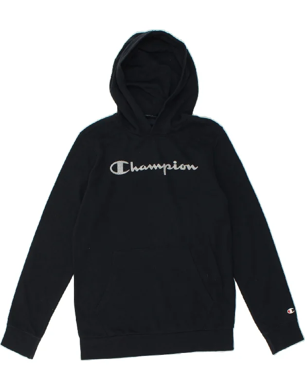 CHAMPION Boys Graphic Hoodie Jumper 13-14 Years XL Navy Blue Hoodie with Cropped Fit Short Trendy