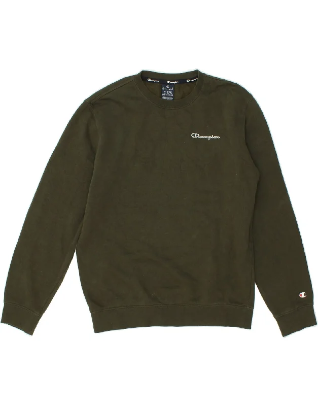 CHAMPION Mens Sweatshirt Jumper Medium Khaki Cotton Hoodie with Pocket Utility Practical