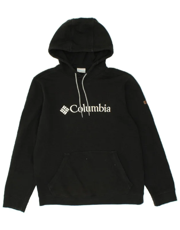 COLUMBIA Mens Graphic Hoodie Jumper Medium Black Cotton Hoodie with Typography Text Message