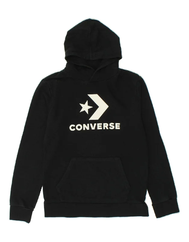 CONVERSE Boys Graphic Hoodie Jumper 13-14 Years XL Black Cotton Hoodie with Bell Sleeves Flared Feminine