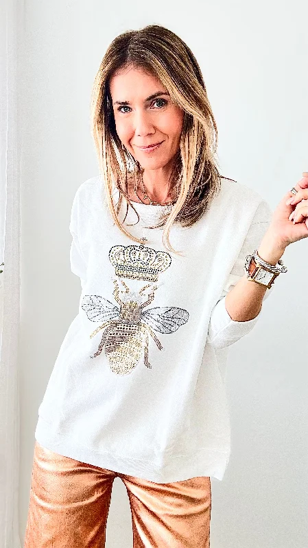 Custom Bee Royal Sweatshirt - White Hoodie with Tied Waist Feminine Flattering