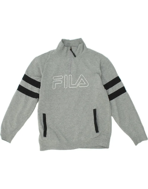 FILA Womens Graphic Zip Neck Sweatshirt Jumper UK 14 Medium Grey Hoodie with Metallic Shiny Futuristic