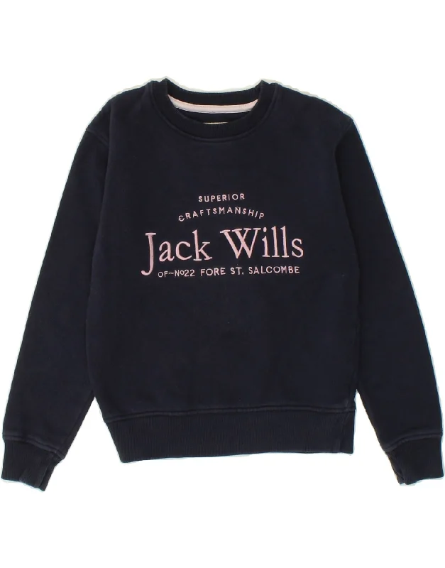 JACK WILLS Girls Graphic Sweatshirt Jumper 7-8 Years Navy Blue Cotton Hoodie with Pocket Utility Practical