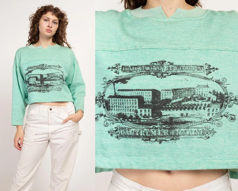 Large 80s Gitano Mint Green French Crop Top Sweatshirt NWT Hoodie with Frayed Bohemian Relaxed