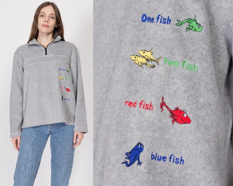 Large 90s Dr Seuss One Fish Two Fish Fleece Sweatshirt Hoodie with Raw Hem Edgy Unfinished