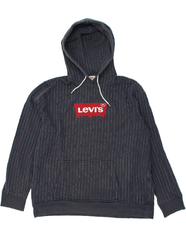 LEVI'S Mens Graphic Hoodie Jumper 2XL Navy Blue Striped Cotton Hoodie with Color Block Contrast Stylish