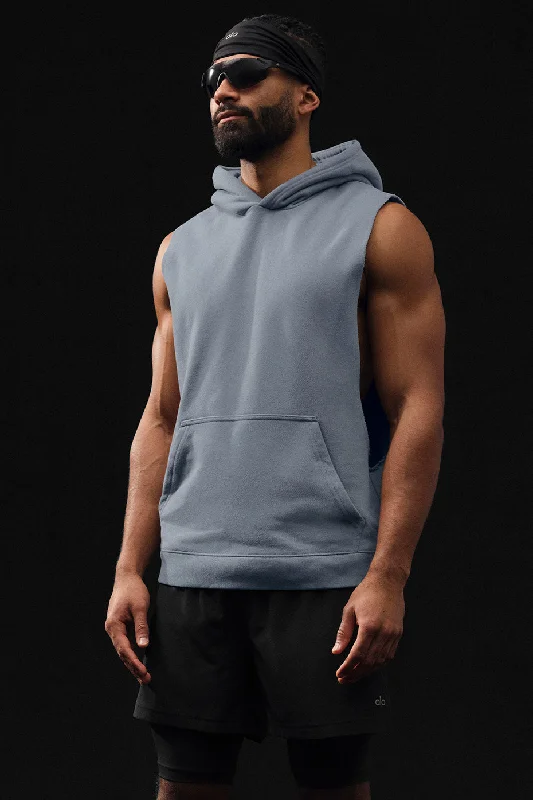 Renown Sleeveless Hoodie - Steel Grey Hoodie with Hem Raw Edge Edgy Unfinished