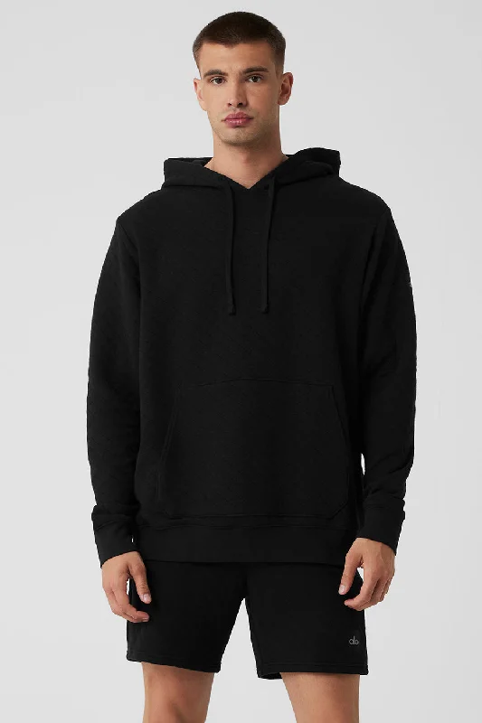 Quilted Stadium Hoodie - Black Hoodie with Set-In Sleeves Structured Classic