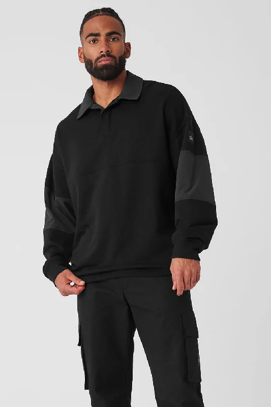 Mixmatch Rugby Sweatshirt - Black Hoodie with Batwing Sleeves Loose Dramatic