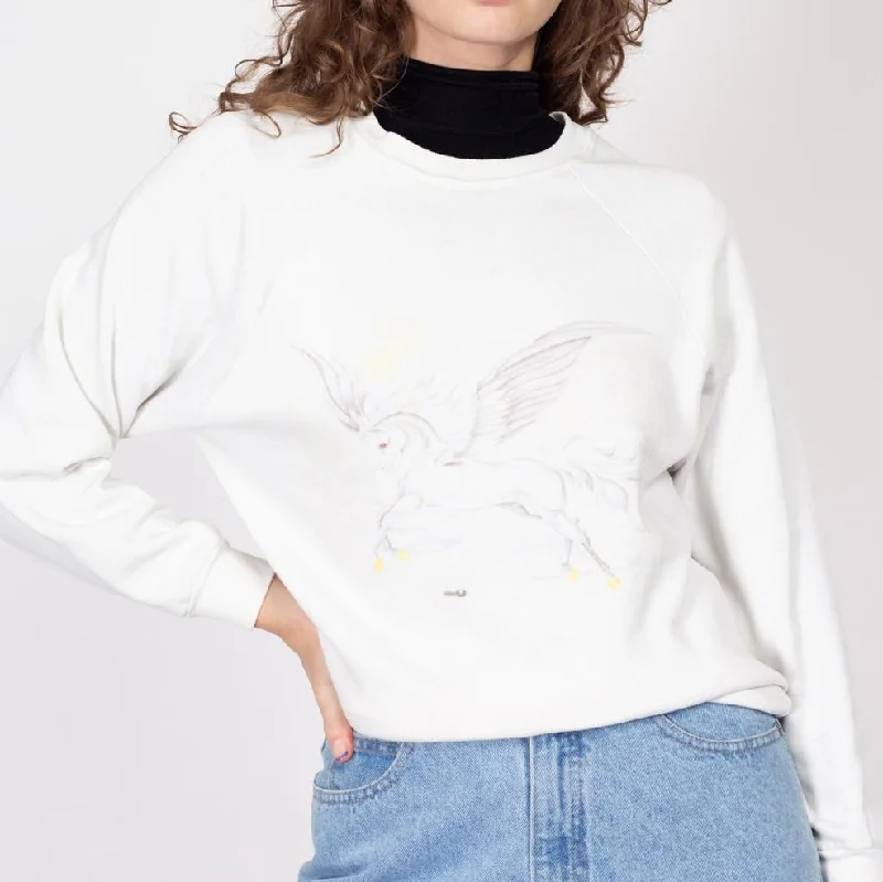 Med-Lrg 90s White Unicorn Faded Airbrush Graphic Sweatshirt Hoodie with Drawcord Adjustable Secure