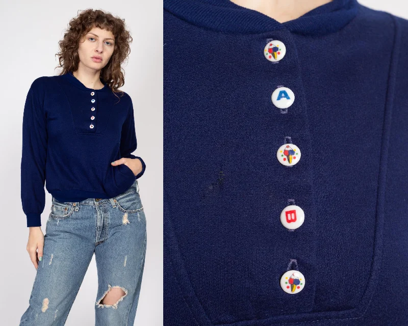 Medium 80s Navy Blue Novelty Button Henley Sweatshirt Hoodie with Hem Drawcord Adjustable Customizable