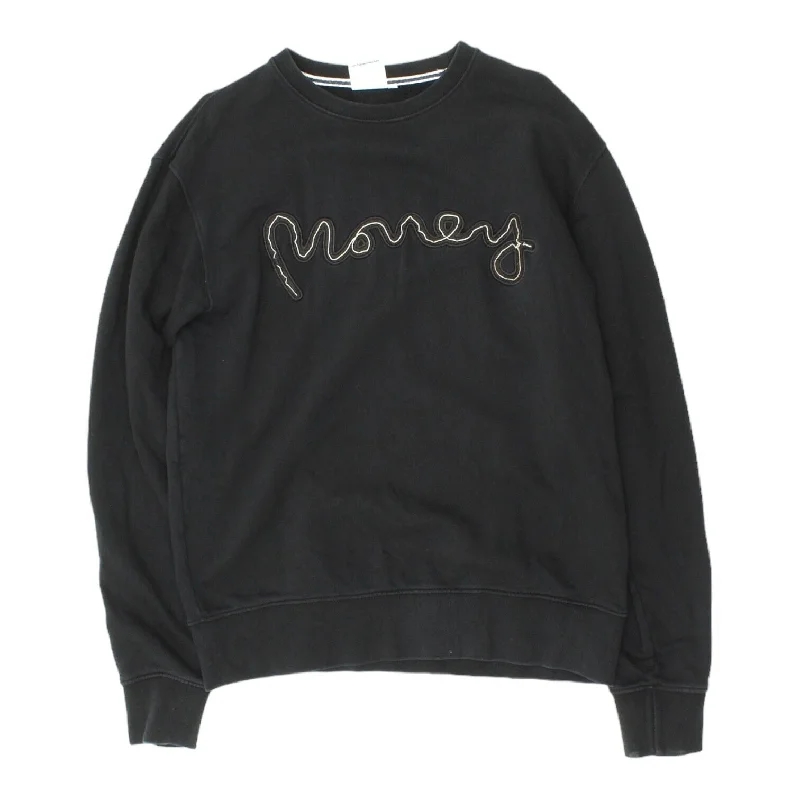 Money Embroidered Spell Out Logo Mens Black Sweatshirt | Designer Streetwear VTG Hoodie with Longline Fit Extended Stylish