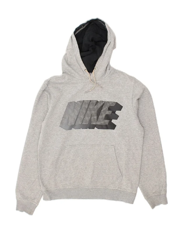 NIKE Mens Graphic Hoodie Jumper Small Grey Cotton Hoodie with Hem Fringe Bohemian Relaxed