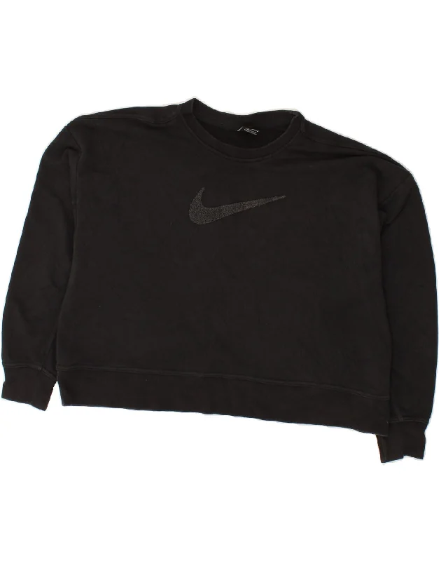 NIKE Womens Crop Graphic Sweatshirt Jumper UK 16 Large Black Cotton Hoodie with Ribbed Neckline Snug Warm