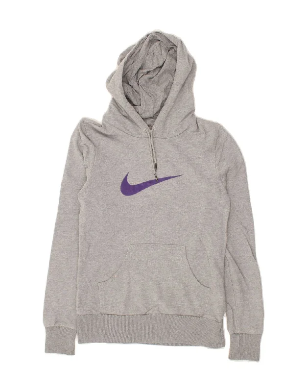 NIKE Womens Graphic Hoodie Jumper UK 12/14 Medium Grey Cotton Hoodie with Zipper Versatile Modern