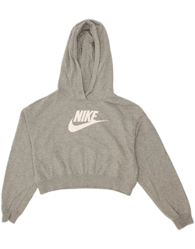 NIKE Womens Oversized Crop Graphic Hoodie Jumper UK 10 Small Grey Cotton Hoodie with Hem Applique Textured Unique