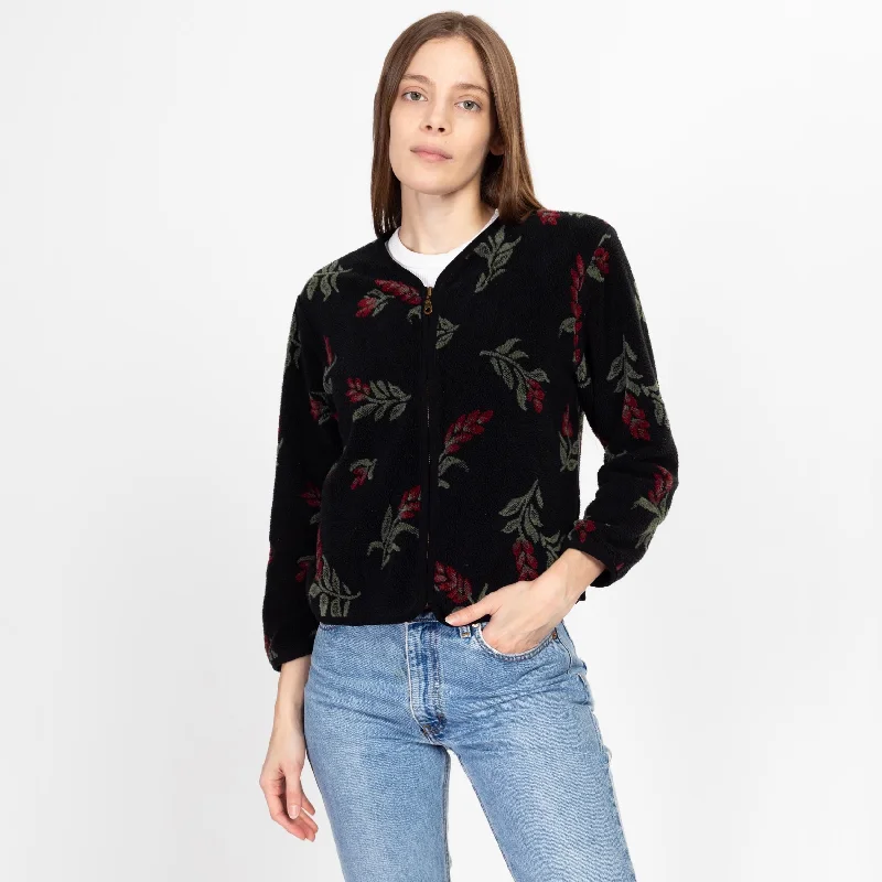 Petite Sm-Med 90s Black Floral Fleece Sweatshirt Hoodie with Tied Waist Feminine Flattering