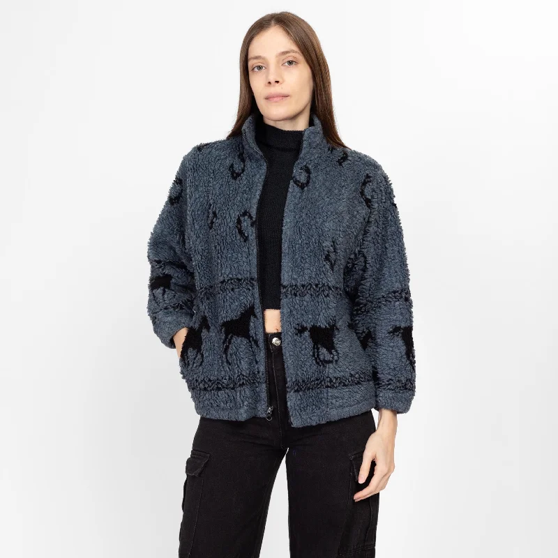Petite Sm-Med 90s Horse Print Blue Fleece Sweatshirt Hoodie with Slim Fit Tailored Modern Petite Sm-Med 90s Horse Print Blue Fleece Sweatshirt Hoodie with Slim Fit Tailored Modern