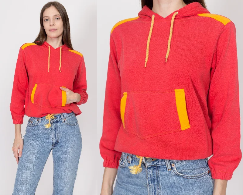 Petite Small 80s Red & Yellow Color Block Hoodie Hoodie with Pattern Geometric Abstract