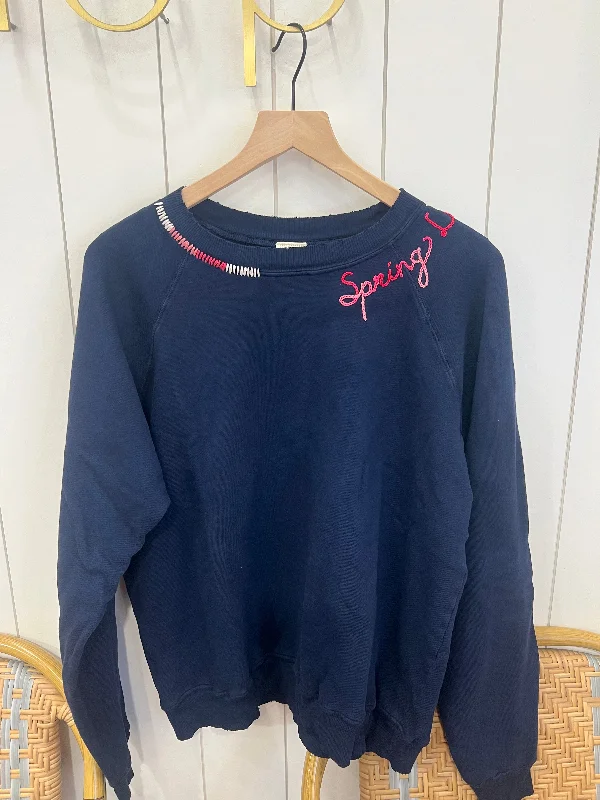 Spring Lake Embroidered Sweatshirt in Navy with Pink Yarns Hoodie with Ribbed Neckline Snug Warm