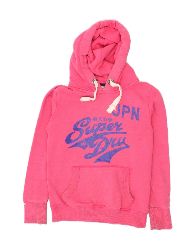 SUPERDRY Womens Graphic Hoodie Jumper UK 10 Small Pink Cotton Hoodie with Drop Shoulder Relaxed Streetwear