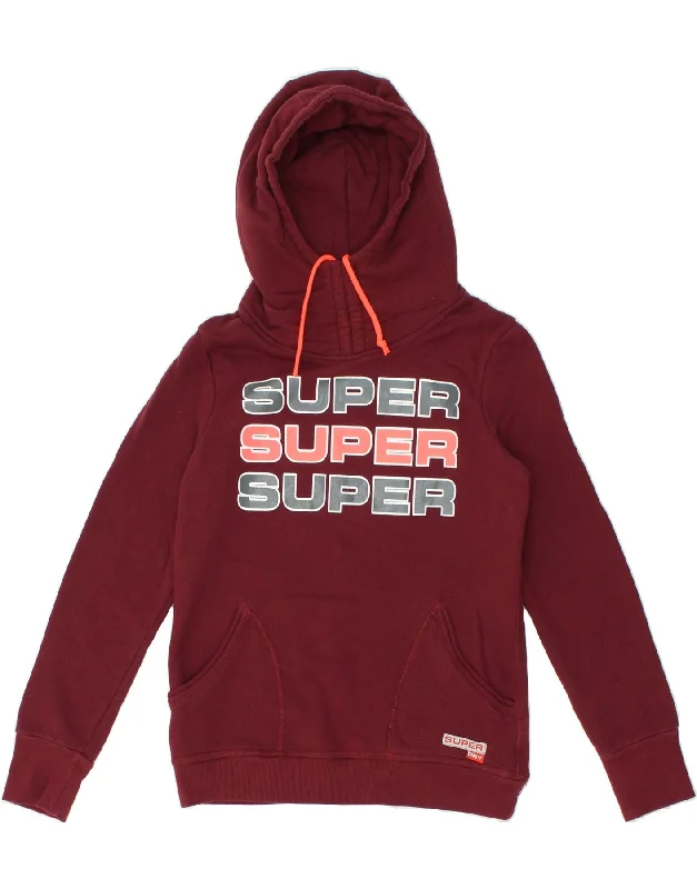 SUPERDRY Womens Graphic Hoodie Jumper UK 14 Large Burgundy Cotton Hoodie with Hem Embroidery Detailed Premium