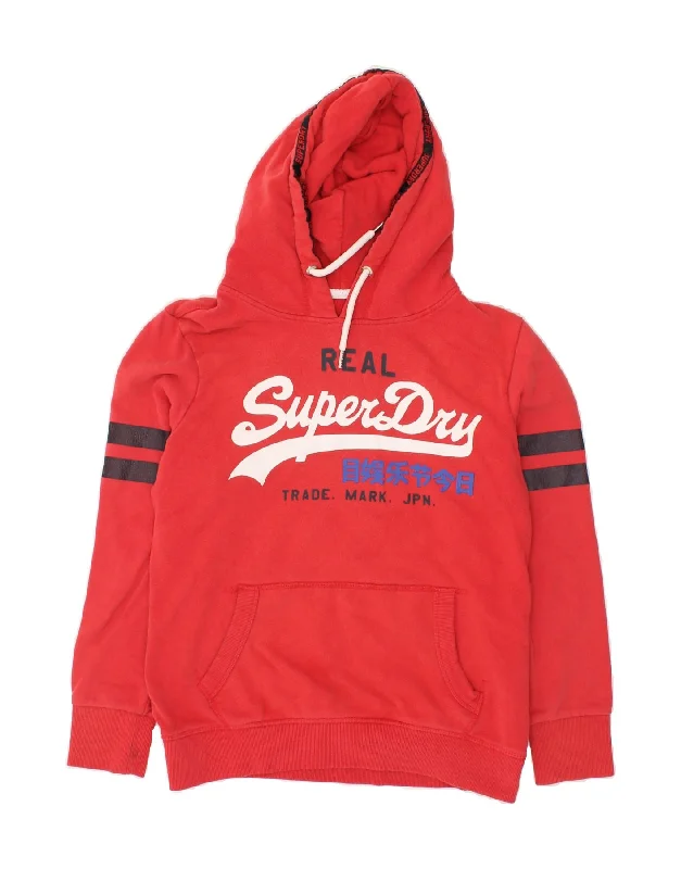 SUPERDRY Womens Graphic Hoodie Jumper UK 14 Medium Red Cotton Hoodie with Batwing Sleeves Loose Dramatic