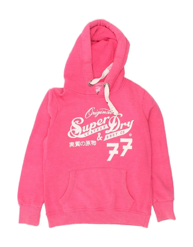 SUPERDRY Womens Graphic Hoodie Jumper UK 16 Large Pink Cotton Hoodie with Gradient Ombre Colorful