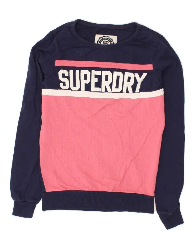 SUPERDRY Womens Graphic Sweatshirt Jumper UK 6 XS Navy Blue Colourblock Hoodie with Frayed Bohemian Relaxed