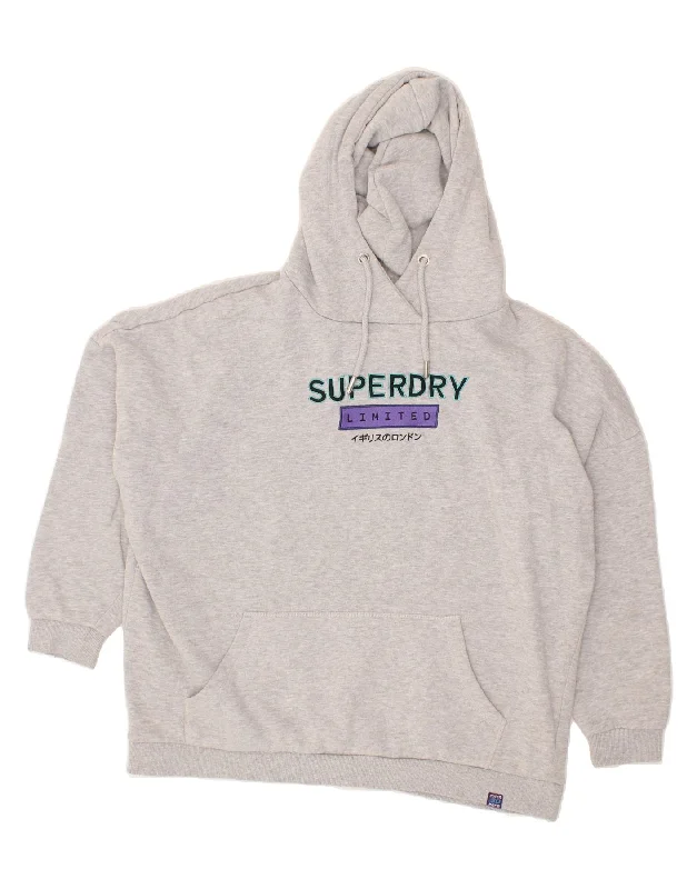 SUPERDRY Womens Oversized Graphic Hoodie Jumper UK 16 Large Grey Cotton Hoodie Dress Longline Feminine