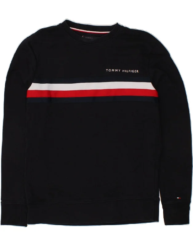 TOMMY HILFIGER Mens Sweatshirt Jumper Large Navy Blue Colourblock Cotton Hoodie with Drawcord Adjustable Secure