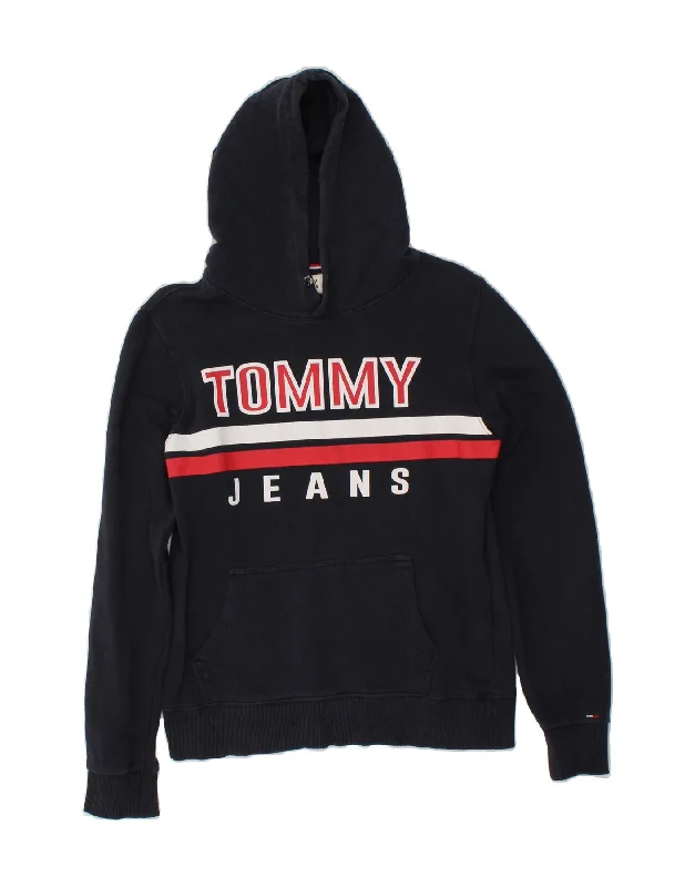 TOMMY JEANS Mens Graphic Hoodie Jumper Medium Navy Blue Cotton Hoodie with Applique Textured Unique