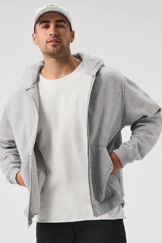 Renown Heavy Weight Full Zip Hoodie - Athletic Heather Grey Hoodie with Hem Elastic Stretchable Comfortable